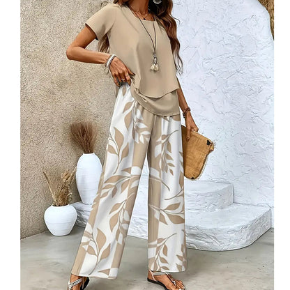 Women's Two-Piece Leaf Print Wide-Leg Pants Set