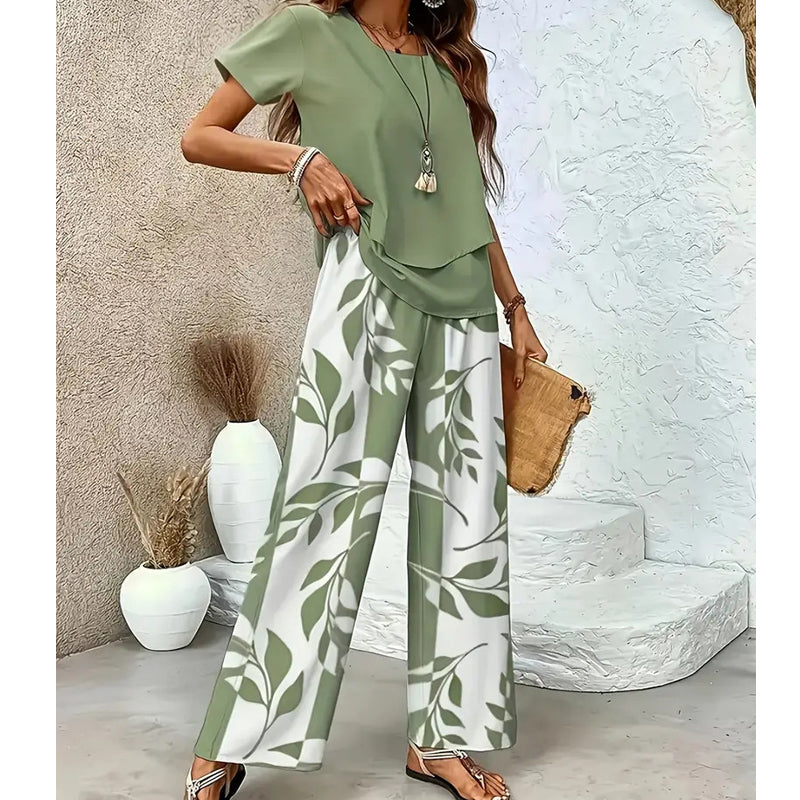 Women's Two-Piece Leaf Print Wide-Leg Pants Set