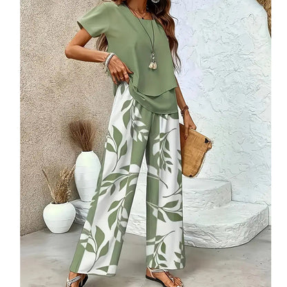 Women's Two-Piece Leaf Print Wide-Leg Pants Set