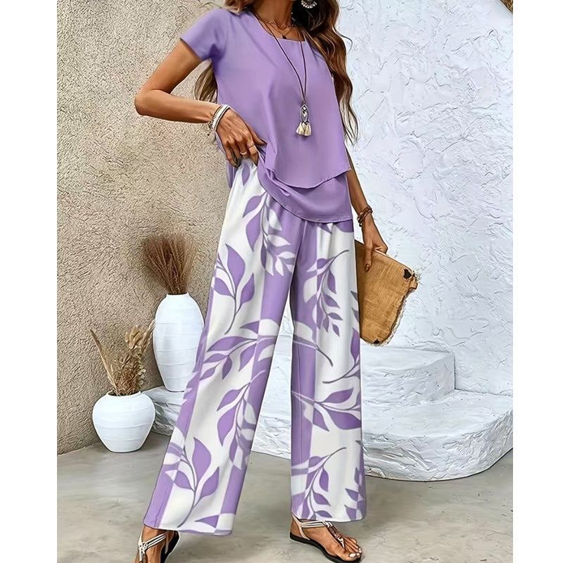 Women's Two-Piece Leaf Print Wide-Leg Pants Set