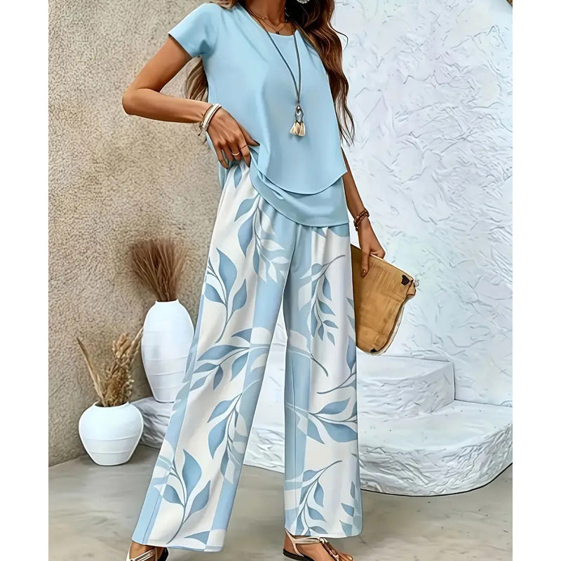 Women's Two-Piece Leaf Print Wide-Leg Pants Set