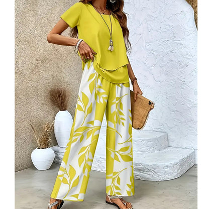 Women's Two-Piece Leaf Print Wide-Leg Pants Set