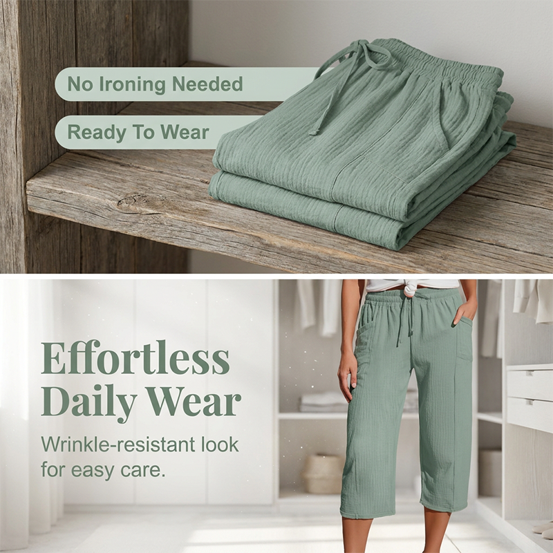 Women's Solid-Color Pleated Cotton-Linen Cropped Pants