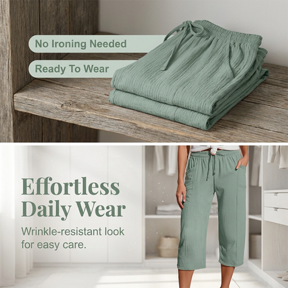 Women's Solid-Color Pleated Cotton-Linen Cropped Pants