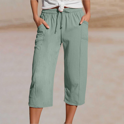 Women's Solid-Color Pleated Cotton-Linen Cropped Pants