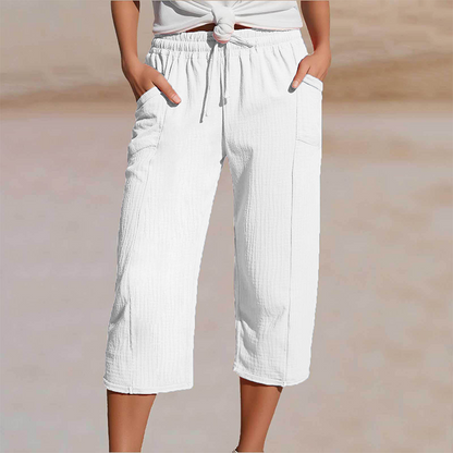 Women's Solid-Color Pleated Cotton-Linen Cropped Pants