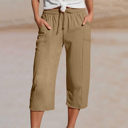 Women's Solid-Color Pleated Cotton-Linen Cropped Pants