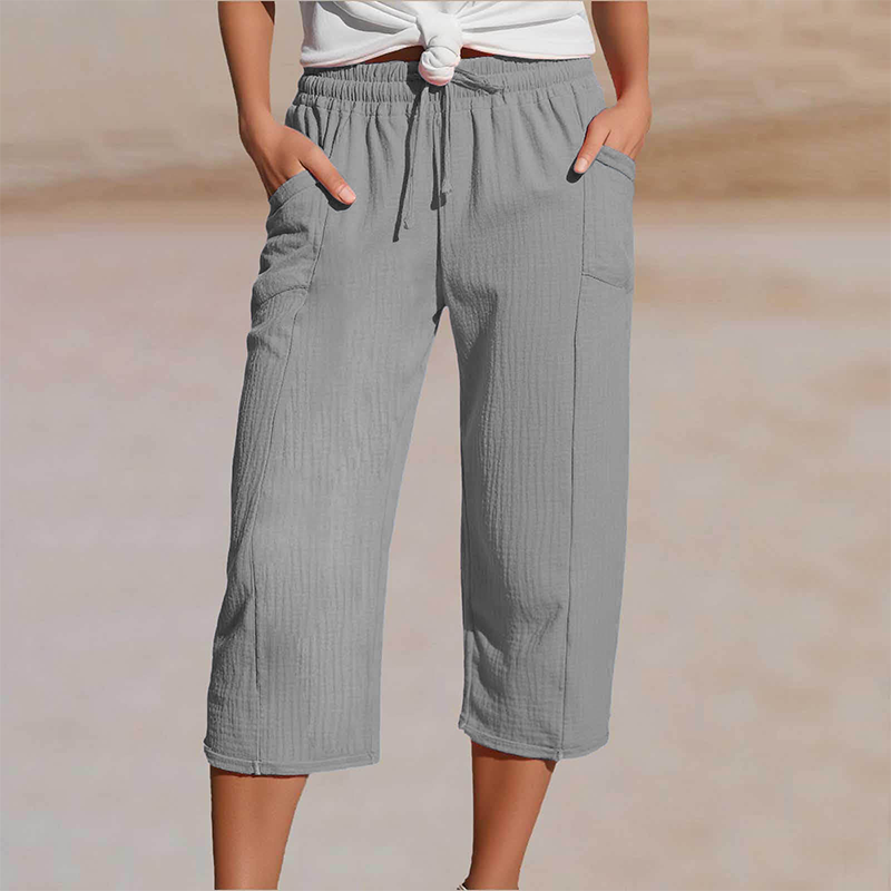 Women's Solid-Color Pleated Cotton-Linen Cropped Pants