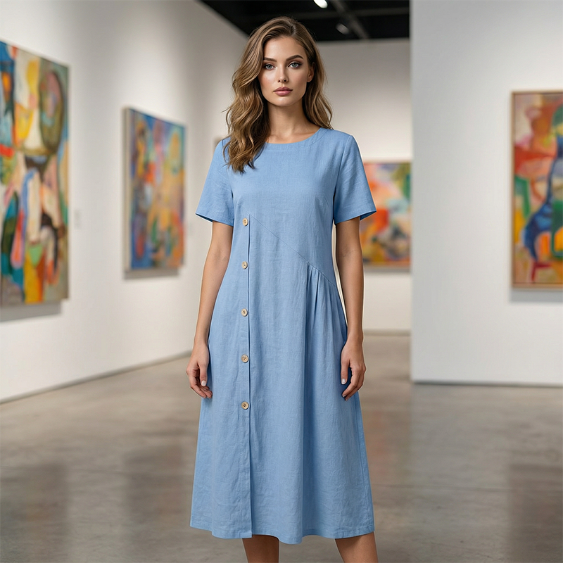 Women's Casual Midi Dress with Irregular Buttons