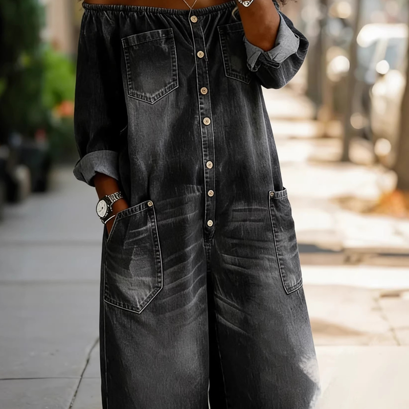 📢📢47% OFF !! ⏰Off-Shoulder Wide-Leg Denim Jumpsuit