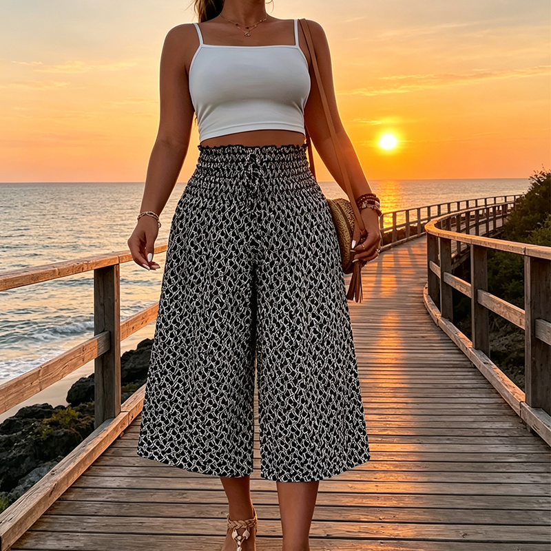 Women's Smocked High Waist Wide-Leg Capri Pants