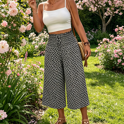 Women's Smocked High Waist Wide-Leg Capri Pants