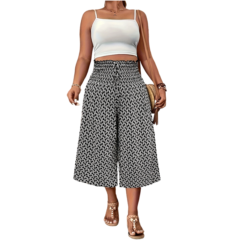 Women's Smocked High Waist Wide-Leg Capri Pants