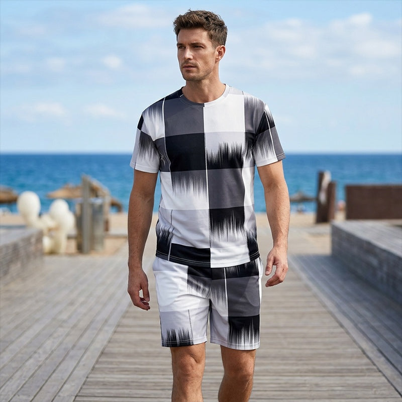 😎Modern Abstract Set ✨Men's Abstract Print T-Shirt & Shorts Set