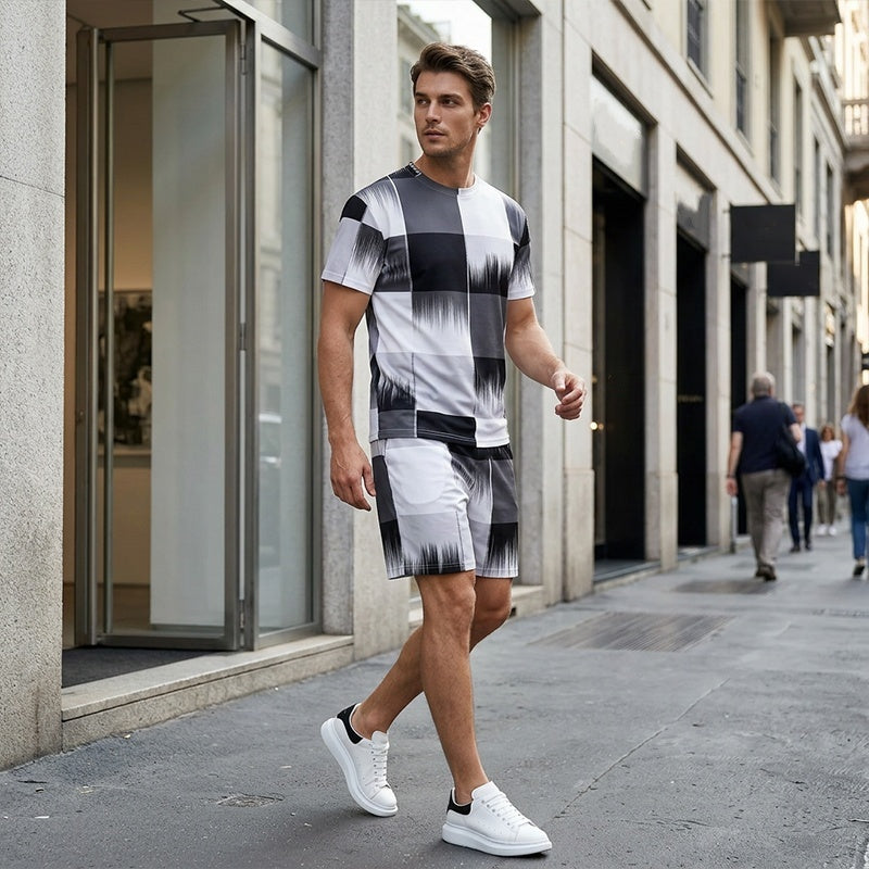 😎Modern Abstract Set ✨Men's Abstract Print T-Shirt & Shorts Set