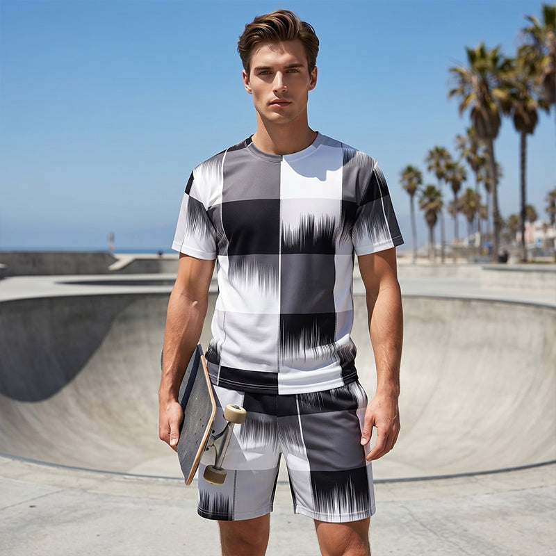 😎Modern Abstract Set ✨Men's Abstract Print T-Shirt & Shorts Set