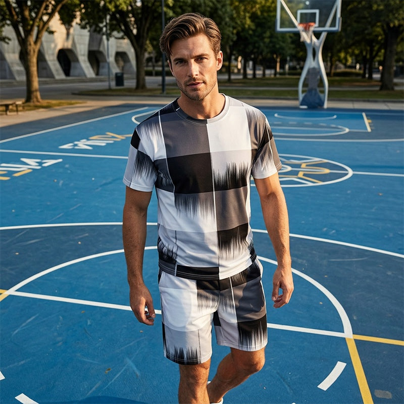 😎Modern Abstract Set ✨Men's Abstract Print T-Shirt & Shorts Set