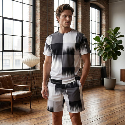 😎Modern Abstract Set ✨Men's Abstract Print T-Shirt & Shorts Set