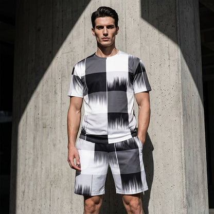 😎Modern Abstract Set ✨Men's Abstract Print T-Shirt & Shorts Set