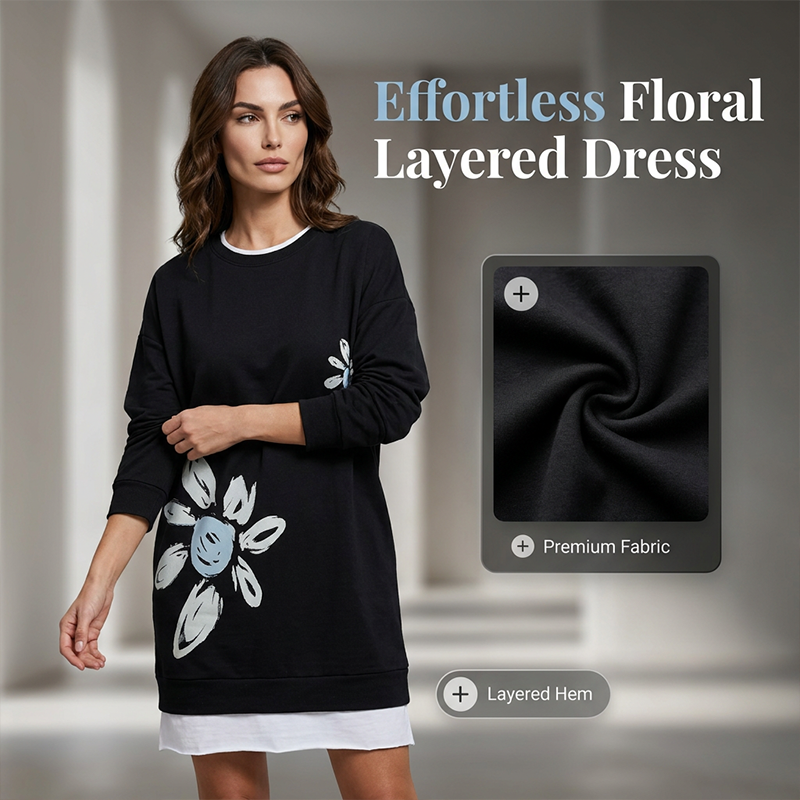 Women's Floral Print Fake Two-Piece Sweatshirt Dress