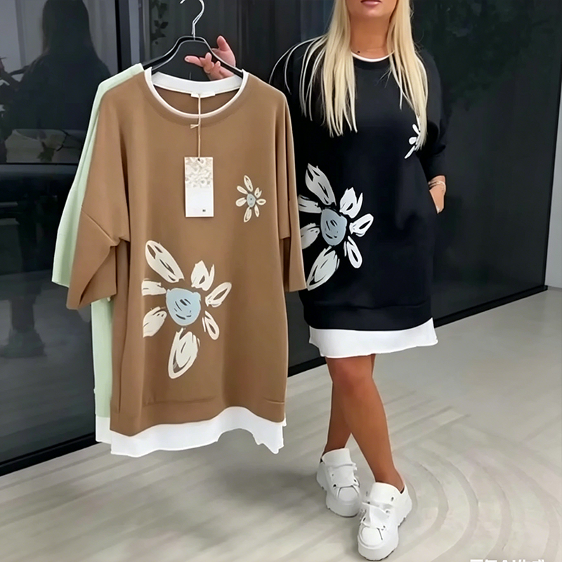 Women's Floral Print Fake Two-Piece Sweatshirt Dress