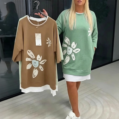 Women's Floral Print Fake Two-Piece Sweatshirt Dress