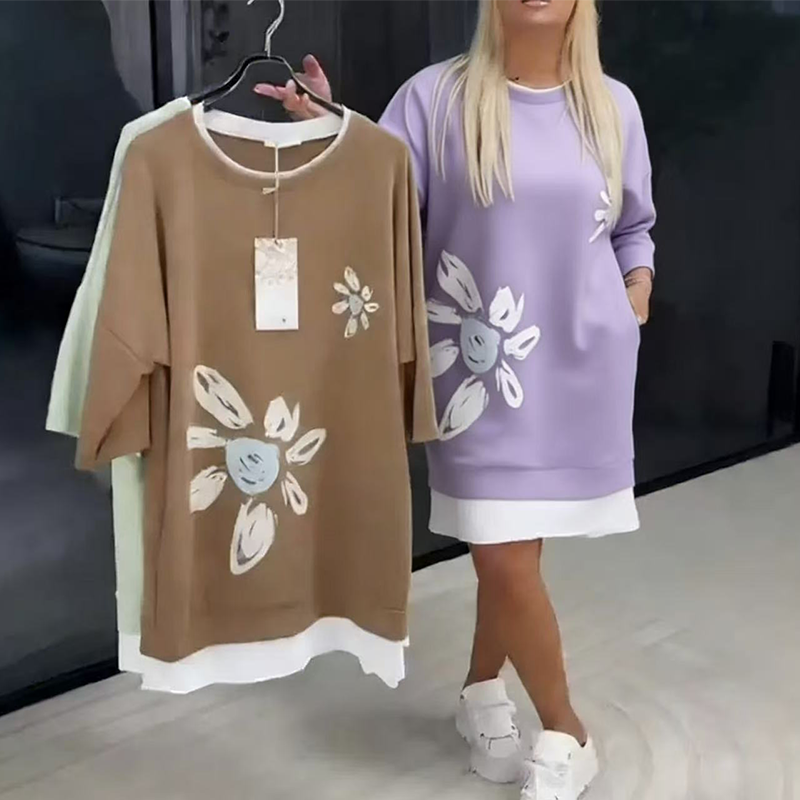 Women's Floral Print Fake Two-Piece Sweatshirt Dress