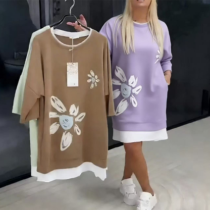 Women's Floral Print Fake Two-Piece Sweatshirt Dress