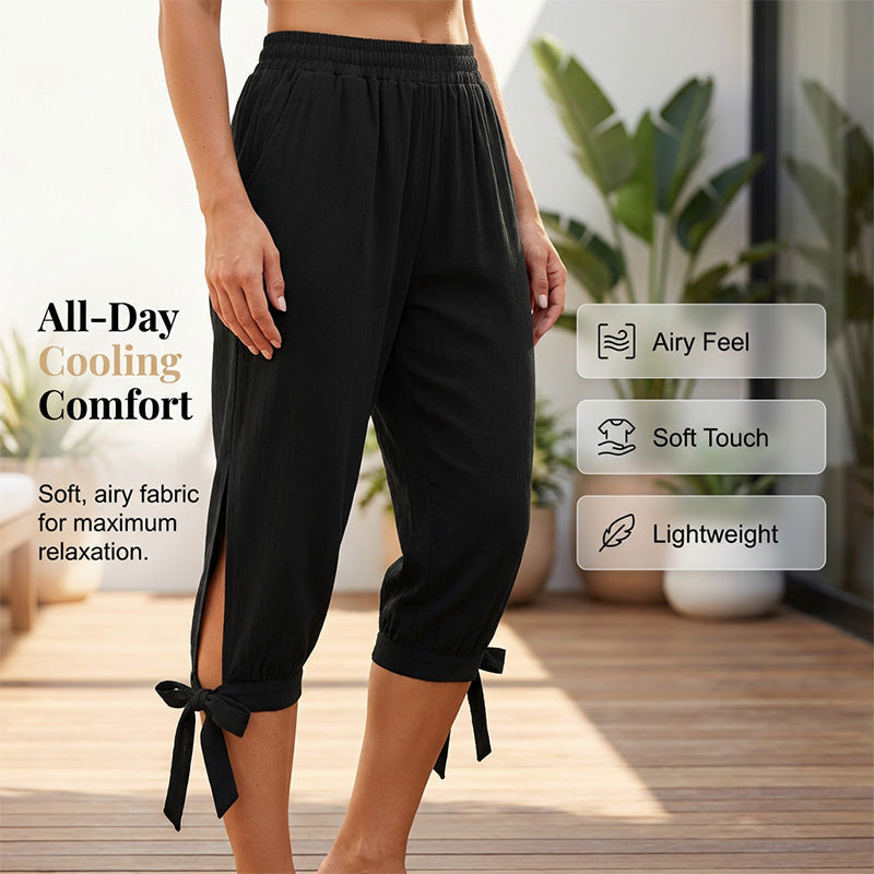 👖 LIMITED-TIME 50% OFF! ✨ Women's Elastic Waist Capri Pants – Breathable, Stretchy, Side Tie Detail 🌿