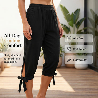 👖 LIMITED-TIME 50% OFF! ✨ Women's Elastic Waist Capri Pants – Breathable, Stretchy, Side Tie Detail 🌿