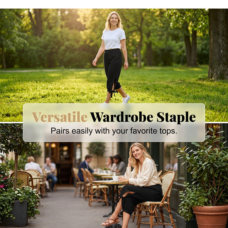 👖 LIMITED-TIME 50% OFF! ✨ Women's Elastic Waist Capri Pants – Breathable, Stretchy, Side Tie Detail 🌿