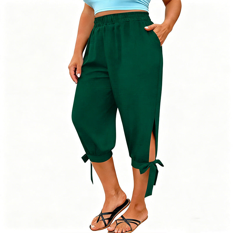 👖 LIMITED-TIME 50% OFF! ✨ Women's Elastic Waist Capri Pants – Breathable, Stretchy, Side Tie Detail 🌿