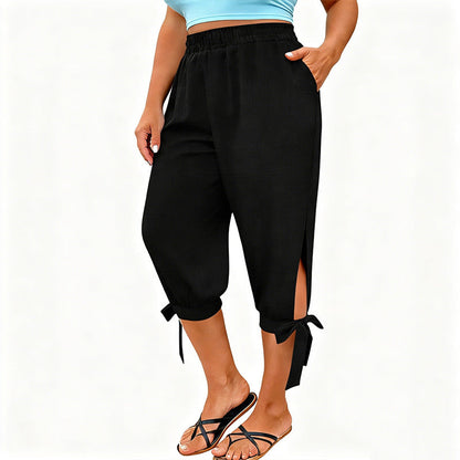 👖 LIMITED-TIME 50% OFF! ✨ Women's Elastic Waist Capri Pants – Breathable, Stretchy, Side Tie Detail 🌿