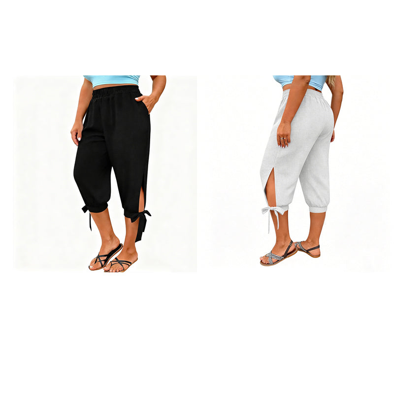 👖 LIMITED-TIME 50% OFF! ✨ Women's Elastic Waist Capri Pants – Breathable, Stretchy, Side Tie Detail 🌿