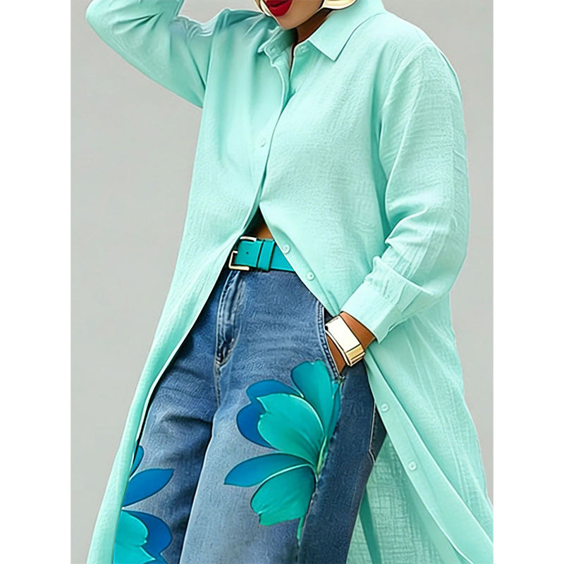 Women's Long Sleeve Button-Down Maxi Shirt Dress