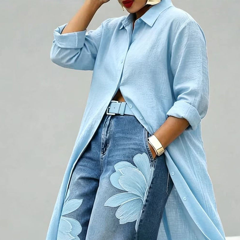 Women's Long Sleeve Button-Down Maxi Shirt Dress