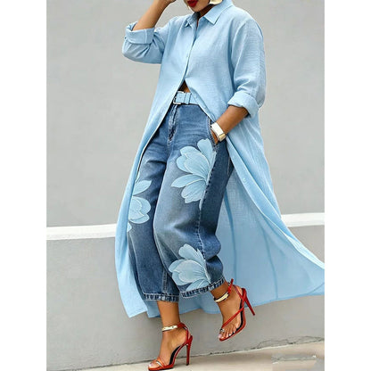 Women's Long Sleeve Button-Down Maxi Shirt Dress