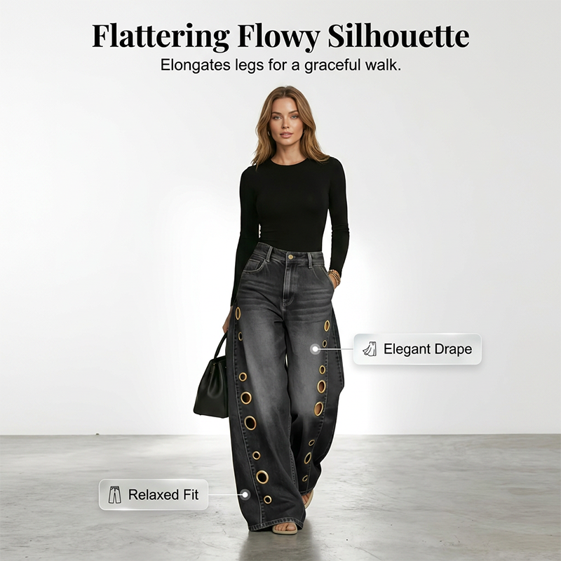 Women's Wide-Leg Jeans with Grommet Detail