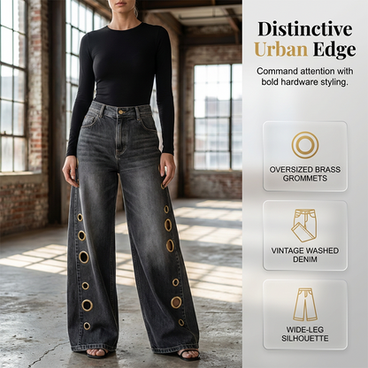 Women's Wide-Leg Jeans with Grommet Detail