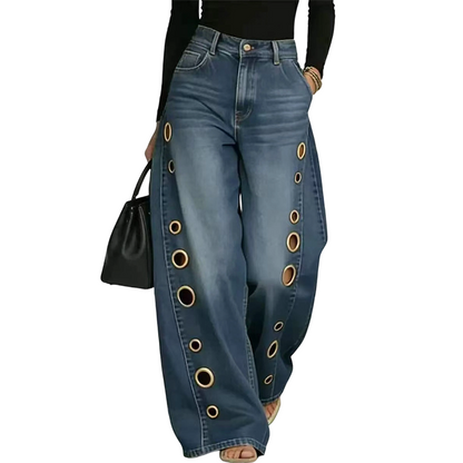 Women's Wide-Leg Jeans with Grommet Detail