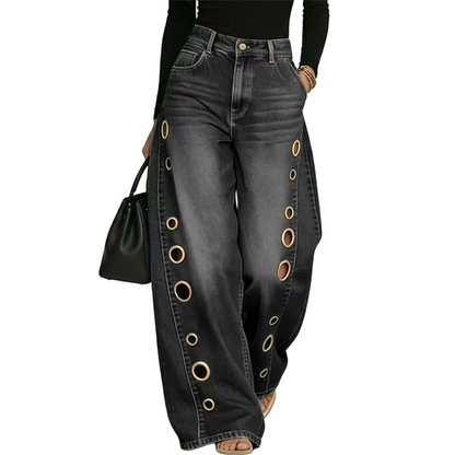 Women's Wide-Leg Jeans with Grommet Detail