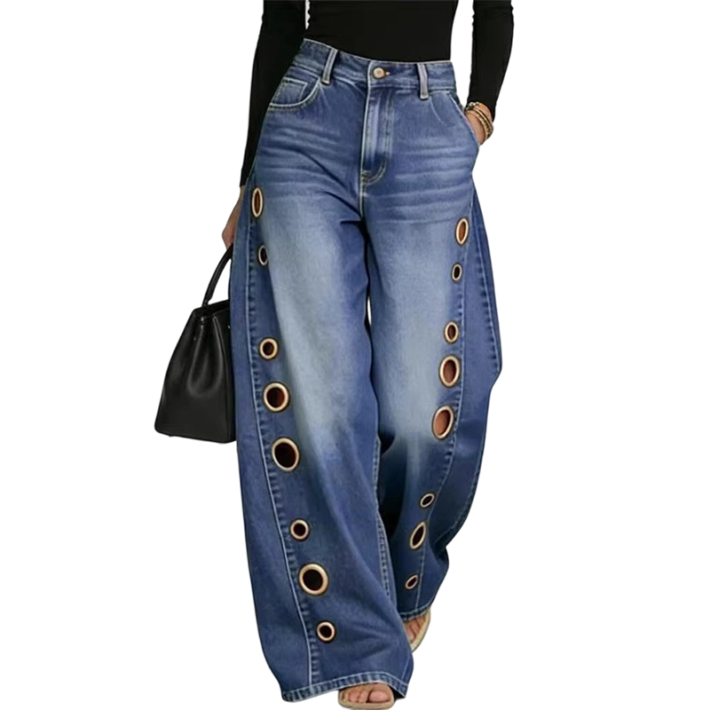 Women's Wide-Leg Jeans with Grommet Detail