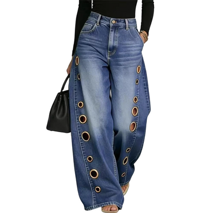 Women's Wide-Leg Jeans with Grommet Detail