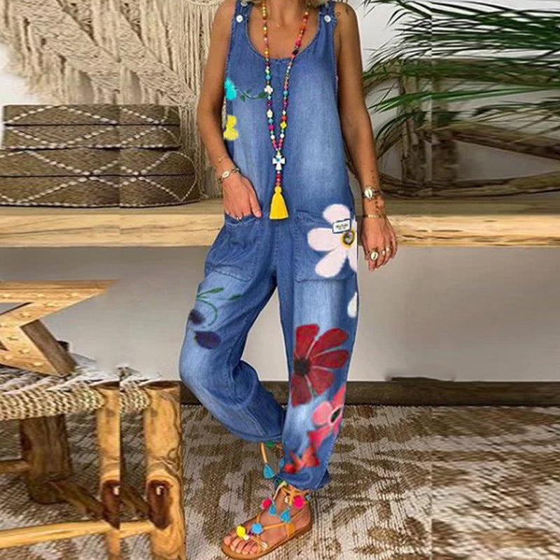 Women's Casual Floral Print Denim Jumpsuit