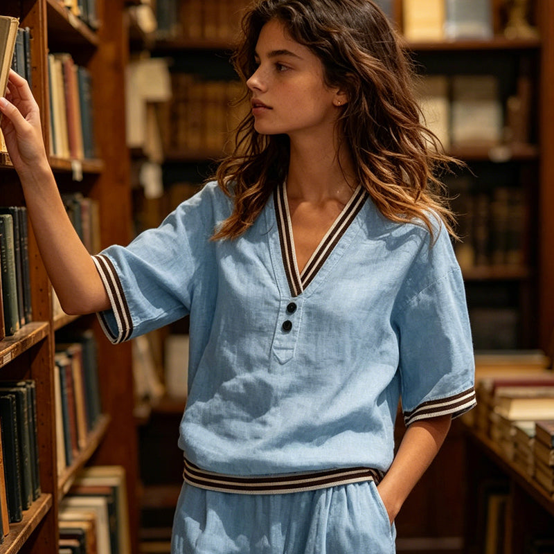 Women's Linen V-Neck Two-Piece Set