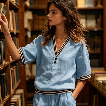 Women's Linen V-Neck Two-Piece Set