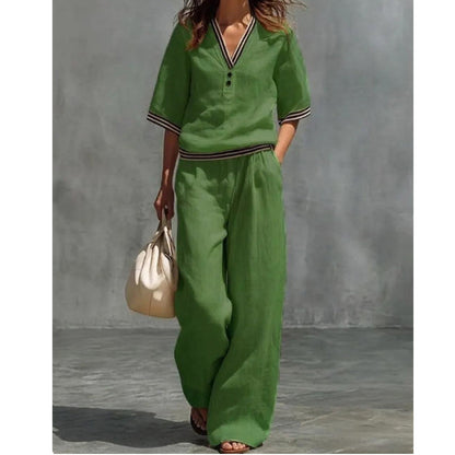 Women's Linen V-Neck Two-Piece Set