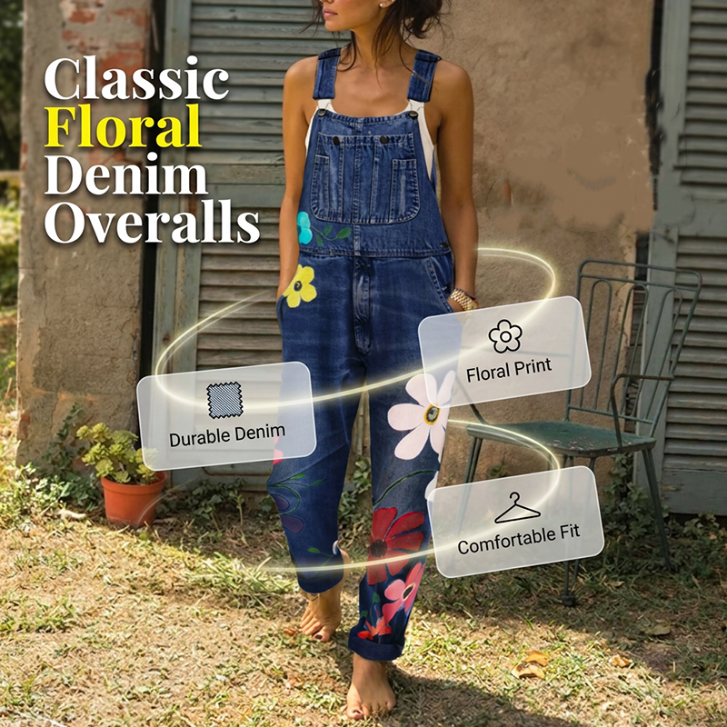 Women's Floral Print Denim Overalls