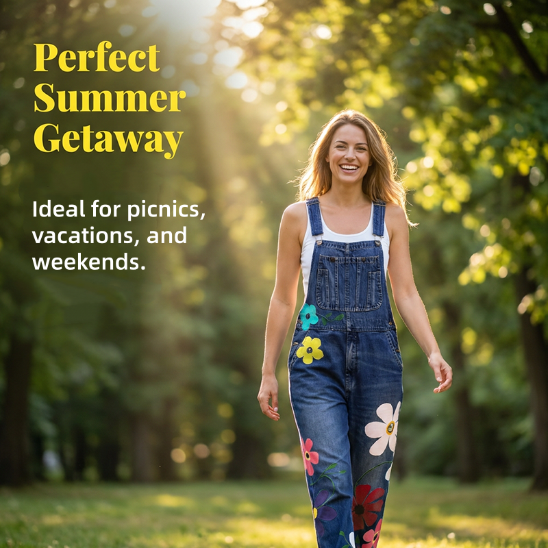 Women's Floral Print Denim Overalls