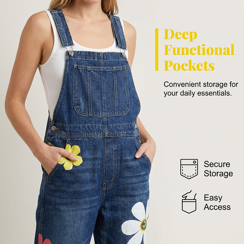 Women's Floral Print Denim Overalls